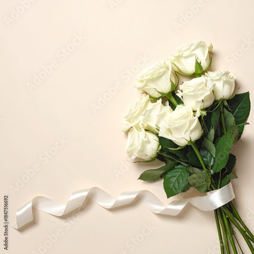 A bouquet of white roses tied with satin ribbon on a pale beige background