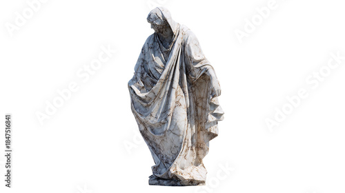 Marble statue of a robed figure in quiet contemplation evokes ancient grace with intricate on transparent background