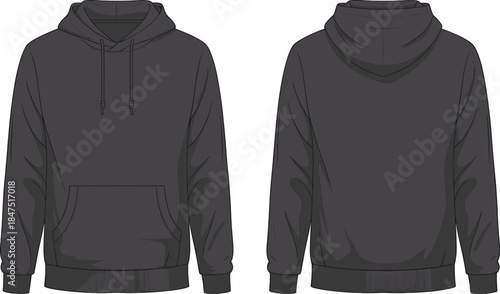 Hooded sweatshirt sketch, front and back view, fashion hoodie template, apparel design, garment vector, technical drawing, mockup, outline