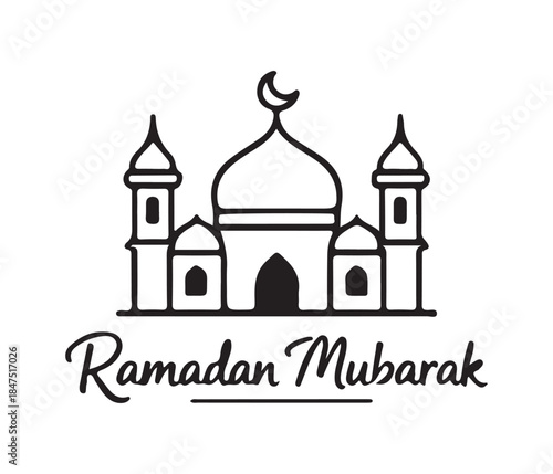 Simple line art mosque with crescent moon for Ramadan Mubarak celebration
