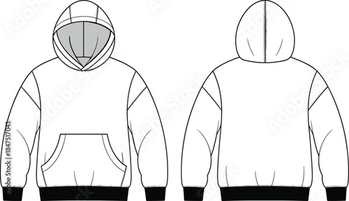 Hoodie front and back technical drawing, sweatshirt fashion sketch, apparel template, vector illustration, garment design, clothing mockup, casual wear