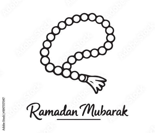 Elegant Line Art Prayer Beads Illustration with Ramadan Mubarak Calligraphy