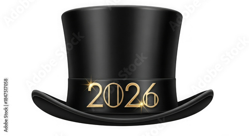 Black top hat with 2026 isolated on transparent background