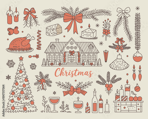 Festive Christmas illustration featuring a decorated tree, roast turkey, cozy house, candles, and other holiday symbols