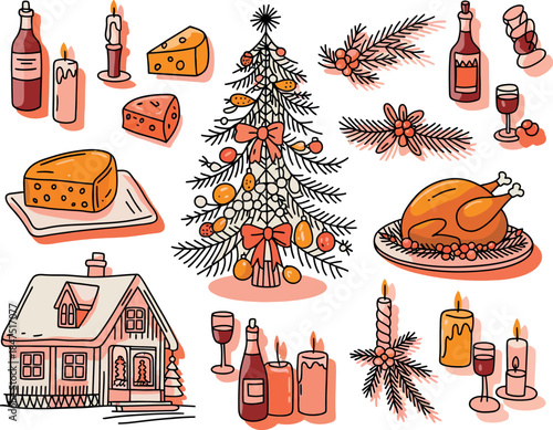 Hand-drawn holiday illustration set with a festive Christmas tree, roasted turkey, gourmet cheese, fine wine, flickering candles, and a cozy snow-covered house, perfect for winter season celebrations