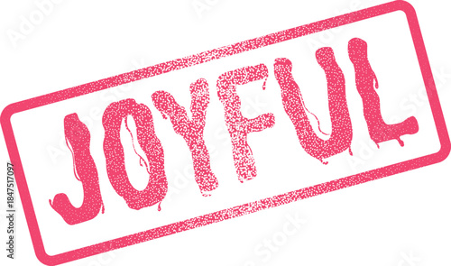 Pink rectangular rubber stamp impression displaying the word JOYFUL with a grainy speckle texture