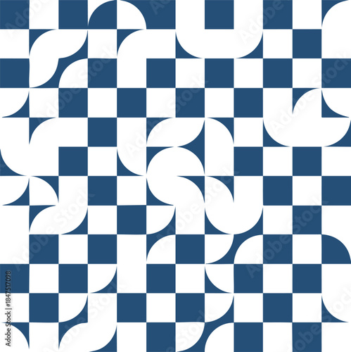 Dynamic geometric seamless pattern background featuring an intricate checkerboard of quarter circles and squares in a bold blue and white color palette creating a modern visual