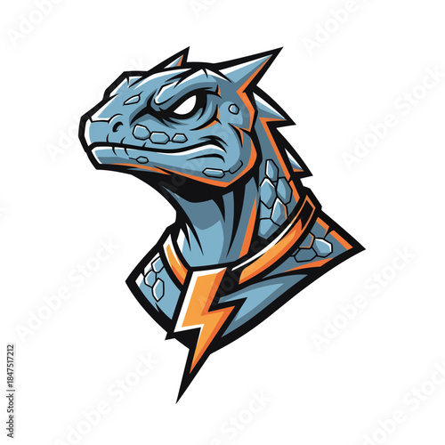 Ferocious Lizard Electric Mascot with Lightning Bolt Symbol, Aggressive Reptile Monster Illustration for Esports Team Logo, Gaming Avatar, and Streetwear Graphic