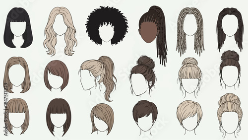 A diverse collection of illustrated female hairstyles and haircut variations, showcasing a range of lengths, textures, and updos for design, beauty, and fashion projects