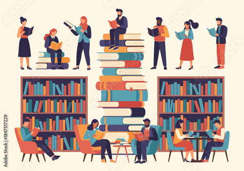 Library and Reading Collection with People Reading Books, Massive Stack of Literature and Bookshelves, Flat Vector Illustration for Education, Bookstore, and Learning Concept
