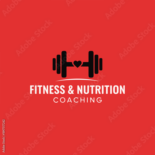 minimalist Fitness training and nutrition coaching with dumbbell icon on red background.eps