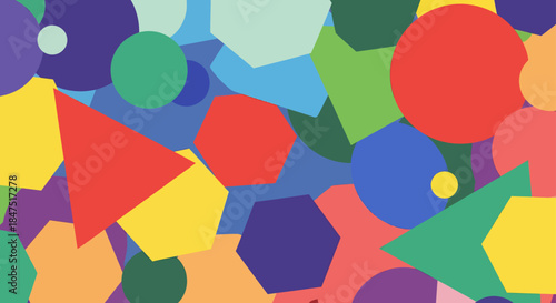 Abstract Colorful Geometric Background with Overlapping Circles, Triangles, and Hexagons, Vibrant Flat Design Pattern for Modern Web Header, Banner, and Creative Backdrop