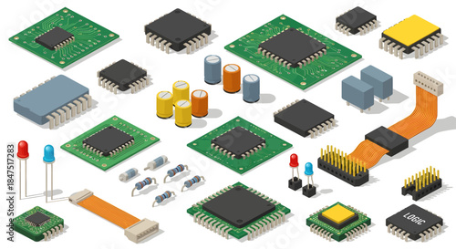 Isometric Electronic Components Set with Microchips, CPU Processors, Capacitors, and Circuit Boards, 3D Hardware Engineering Hardware Elements for PCB Design and Computer Technology