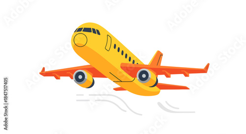 Yellow Commercial Airplane Taking Off, Modern Jet Passenger Plane Flying on White Background, Civil Aviation Aircraft Vector Illustration for Travel and Tourism Concept