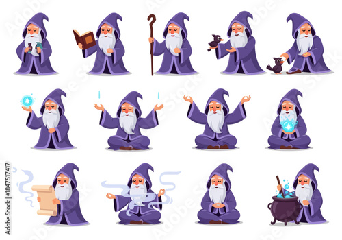 Cute Wizard Character Set with Old Magician Meditating, Casting Spells, Reading Scrolls and Brewing Potions, Kawaii Fantasy Sorcerer Vector Illustration Bundle