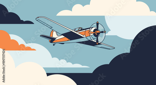 Vintage Propeller Airplane Flying Through Clouds, Retro Aviation Illustration in Flat Design Style, World War II Era Fighter Plane Concept for Travel and Adventure