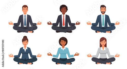 Business People Meditating in Lotus Pose Set with Diverse Office Workers Practicing Mindfulness