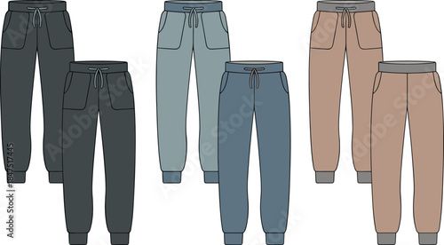 Jogger pants collection, front and back view, drawstring waist, cuffed ankle, casual fashion, color variation, apparel mockup