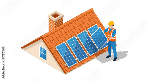 Isometric Solar Panel Installation on House Roof with Technician Installing Photovoltaic System