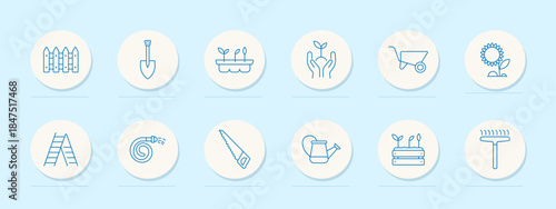 Gardening set icon. Circular outlined icons showing plants, trowel, wheelbarrow, watering can, sunflower, seeds, ladder, saw, hose, rake, and garden bed in planting context