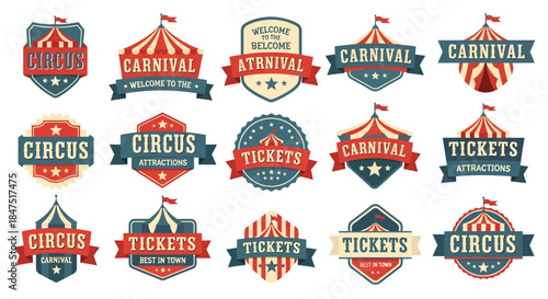 Vintage Circus and Carnival Badge Set with Retro Tickets and Big Top Tent Labels