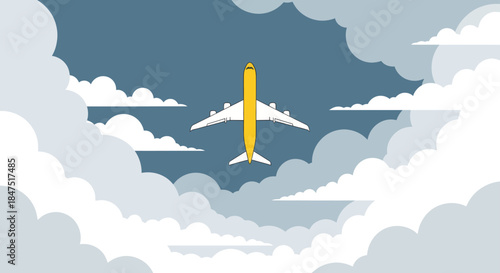 Yellow Airplane Flying Above White Clouds in Blue Sky Flat Illustration