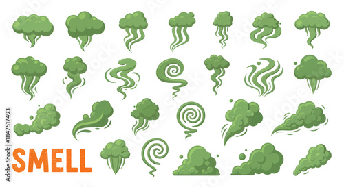 Green Bad Smell and Odor Cloud Set with Stink Vapor and Gas Smoke Trail Icons