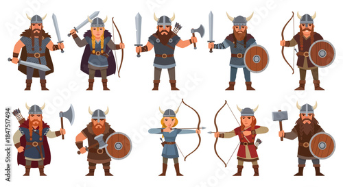 Viking Warrior and Archer Set with Medieval Barbarian Characters Holding Swords Axes and Bows