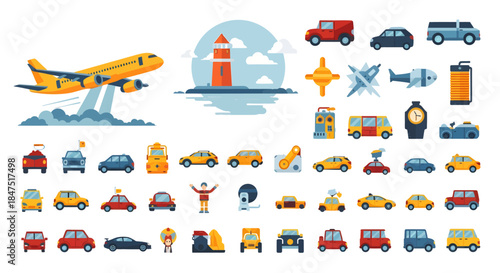 Transportation and Vehicle Set with Airplane Lighthouse Cars and Travel Icons