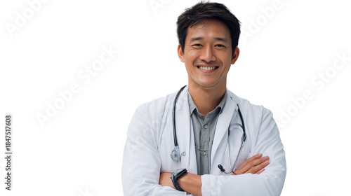 A confident and smiling Asian doctor standing with arms crossed symbolizing trust and on transparent background