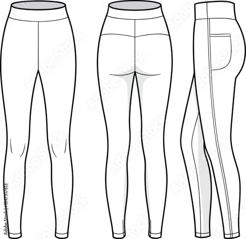 Leggings template, front back side view, fashion flat sketch, high waist design, garment mockup, apparel vector, technical illustration