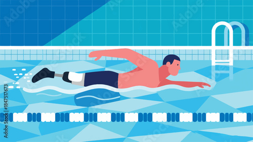 Illustration Of Amputee Is Gracefully Swimming Laps In An Accessible Swimming Pool, Showing Strength And Fluidity In The Water Vector Design Template