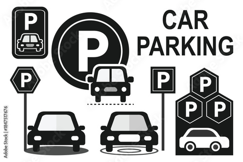 Car parking icon. Simple flat vector illustration of an automobile at a parking lot sign. Symbol for car park, traffic, transportation, or auto service on transparent background.