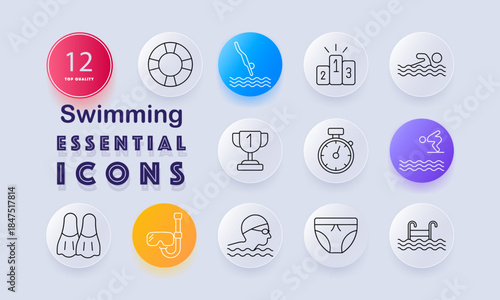 Swimming set icon. Lifebuoy, diving, podium, swimmer, trophy, stopwatch, jump, flippers, snorkel, goggles, briefs, ladder drawn in aquatic sports outline style.