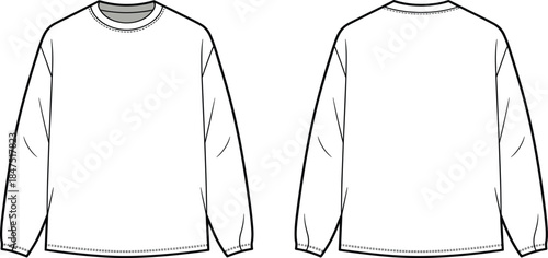 Long-sleeve crew neck shirt technical sketch, front and back view, fashion template, garment design, apparel mockup, clothing illustration