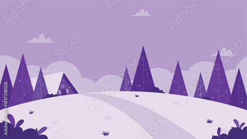 Minimalist purple winter scenery illustration featuring a cabin, pine trees, and snowy land suitable for Christmas, promotions, December events, wallpaper, and seasonal holiday.