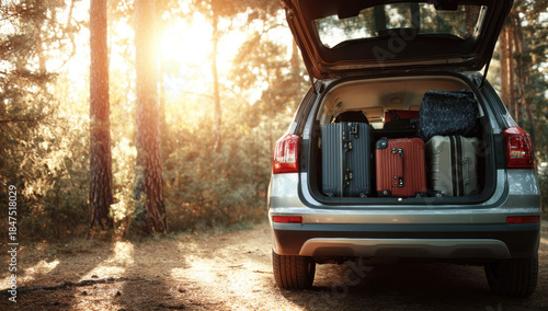 Packed car trunk facing a sunny forest, symbolizing travel, road trip, and holiday escape into nature