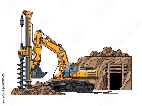 Heavy Duty Mining Excavator with Drilling Auger Machine Illustration