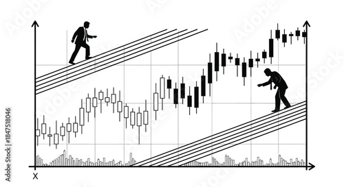 Two silhouetted figures climb and descend stock market graphs.