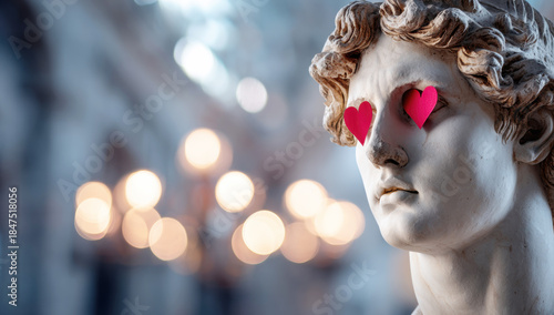 Marble david statue with two red hearts covering its eyes, symbolizing love, romance, and valentine's day emotion
