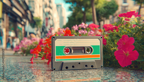 Audio cassette tape a symbol of 80s and 90s music culture. Analog media evoking nostalgia for vintage sound