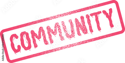 Textured pink rubber stamp featuring the word Community within a rectangular border