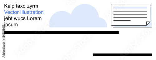 Cloud computing, digital data management, online storage, remote backup, tech documentation, business workflow. Visual a cloud, text and document elements. Cloud computing and digital data
