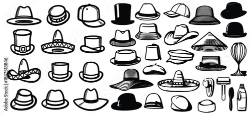 Vintage summer hats collection featuring elegant retro headwear for men and women.  suitable for fashion branding, posters, editorials, and stock illustration use.