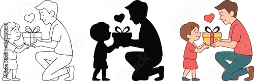 Daughter gifts a present to a kneeling father symbolizing love and appreciation