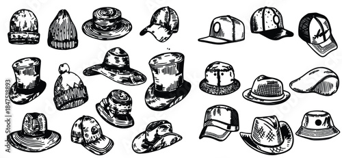 Vintage summer hats collection featuring elegant retro headwear for men and women.  suitable for fashion branding, posters, editorials, and stock illustration use.