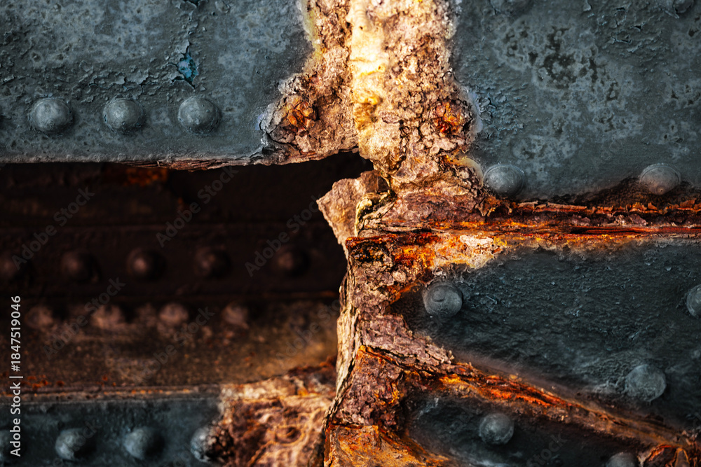Naklejka premium Bridge corrosion for civil engineering. Checker plate rust for heavy industry. Rusty metal grid for security themes. Wall corrosion for maintenance content. Rust texture for technology visuals.