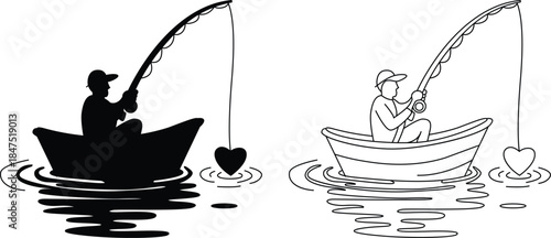 A fisherman in a boat reels in a heart shaped lure from the water, Fishing lover design elements  