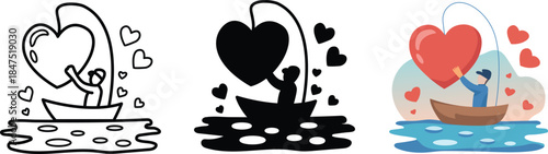 Fishing lover catch giant heart surrounded by smaller hearts , Fishing lover design elements  