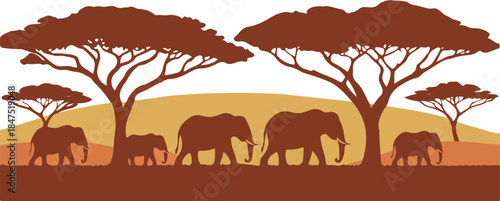 African savanna landscape with elephant herd and acacia trees vector